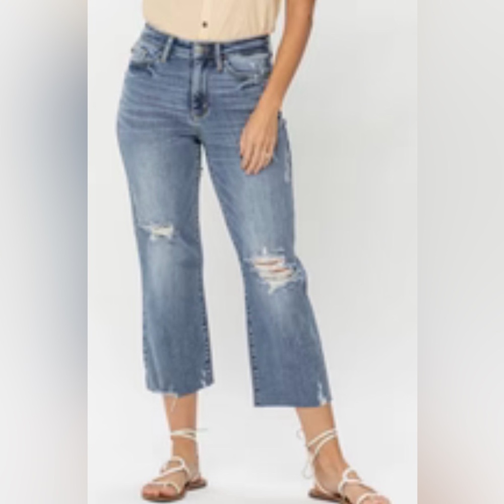 Judy Blue Destroy Crop High Waisted Wide Leg Distressed Jeans